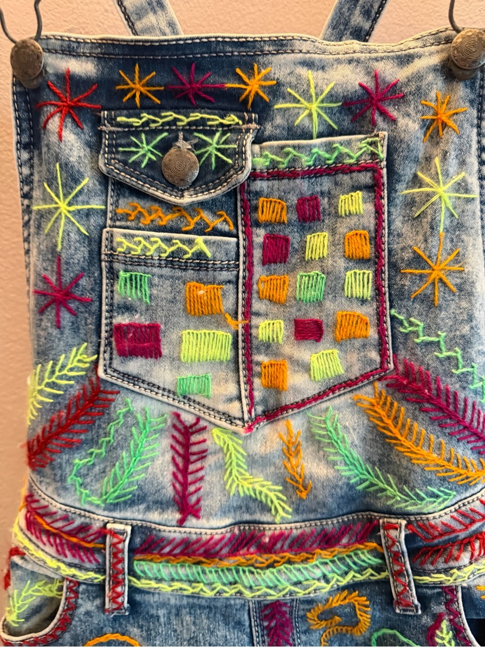 Custom Hand Embroidered Denim Overalls Light Wash Acid Jeans Neon Folk Art Style - Picture 2 of 11